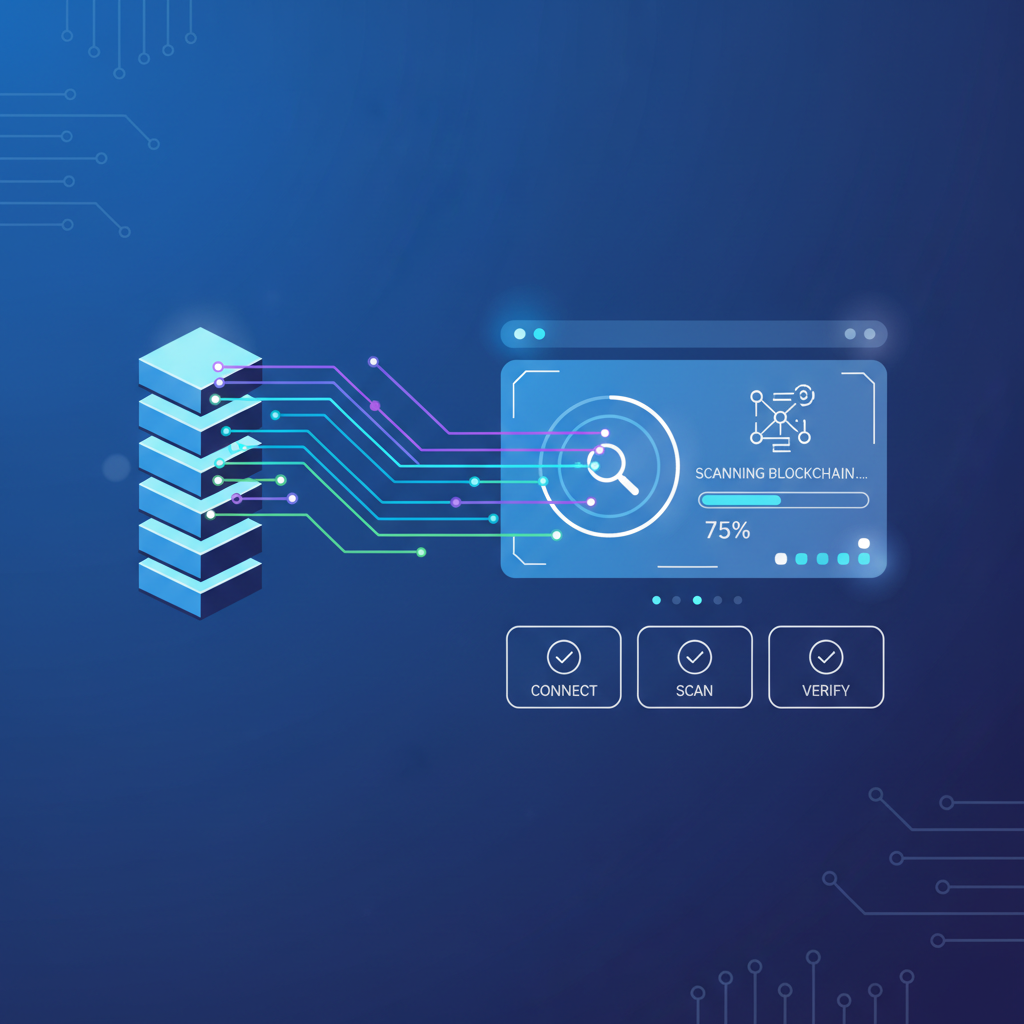 blockchain networks scanning with glowing data streams, futuristic dashboard