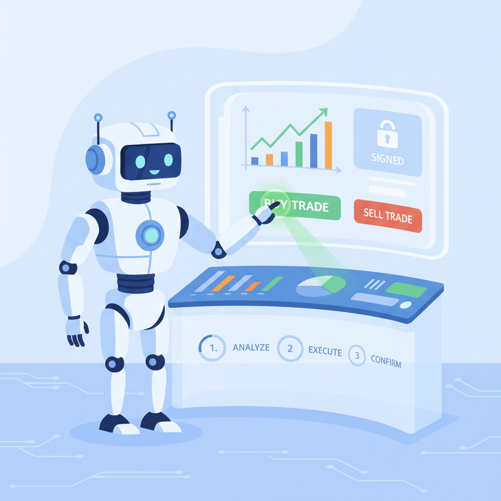 AI robot analyzing charts and signing trades, futuristic dashboard
