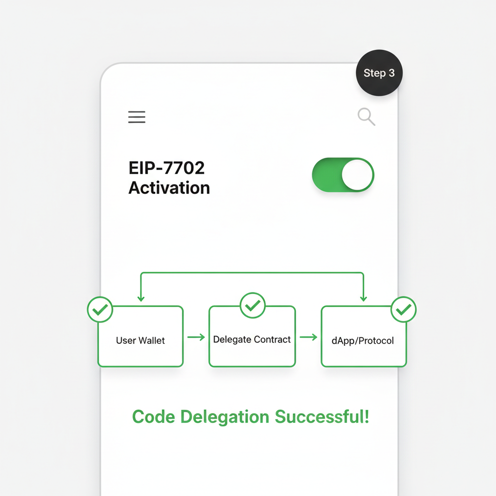 EIP-7702 activation toggle in wallet app, code delegation diagram, green checkmarks