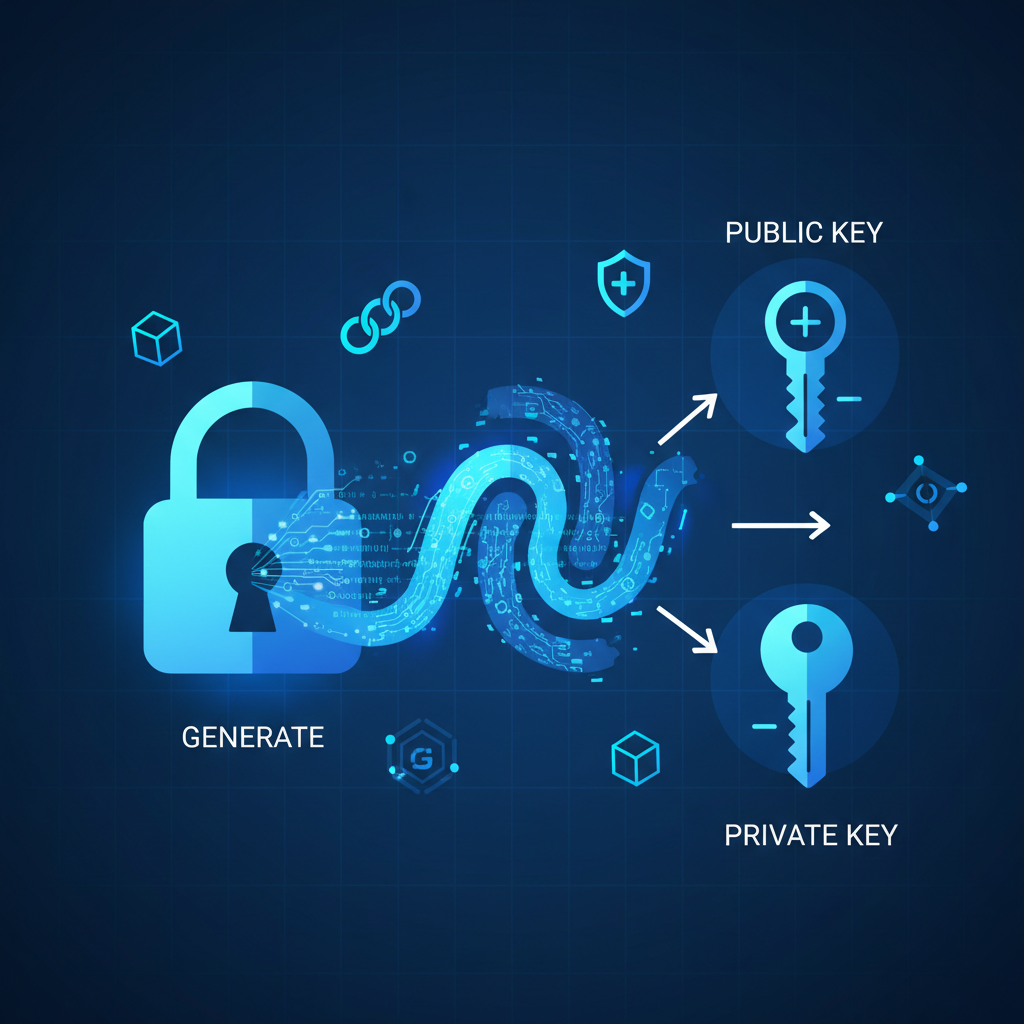 Glowing key pair generation visualization, cryptographic symbols, blue tones