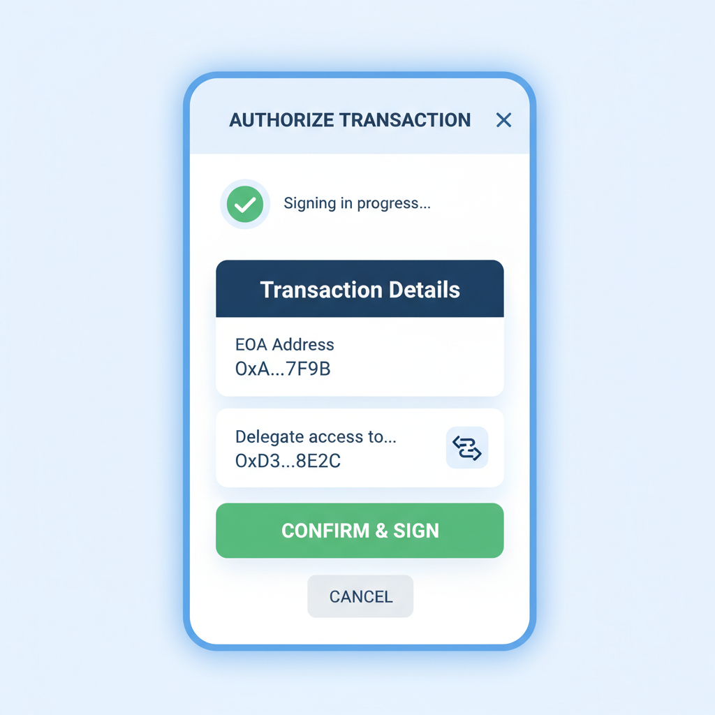 User wallet interface signing authorization transaction with EOA address and delegation details