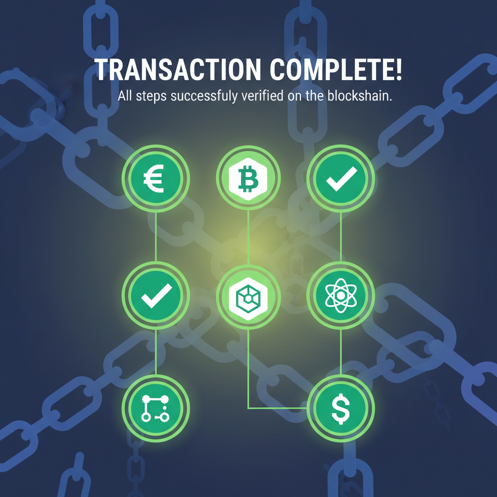 confirmation screen all green checks on blockchain chains, triumphant glow
