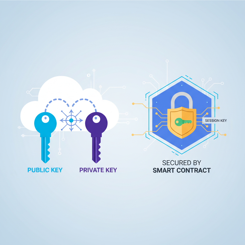 Key generation visualization, public-private key pair emerging, session key lock icon secured by smart contract --ar 16:9