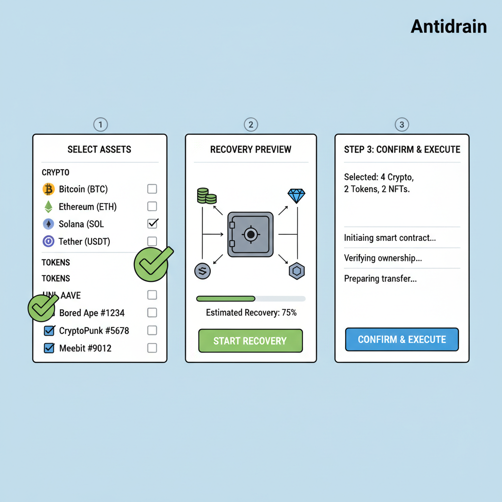 Antidrain dashboard selecting crypto assets, tokens and NFTs list, recovery preview