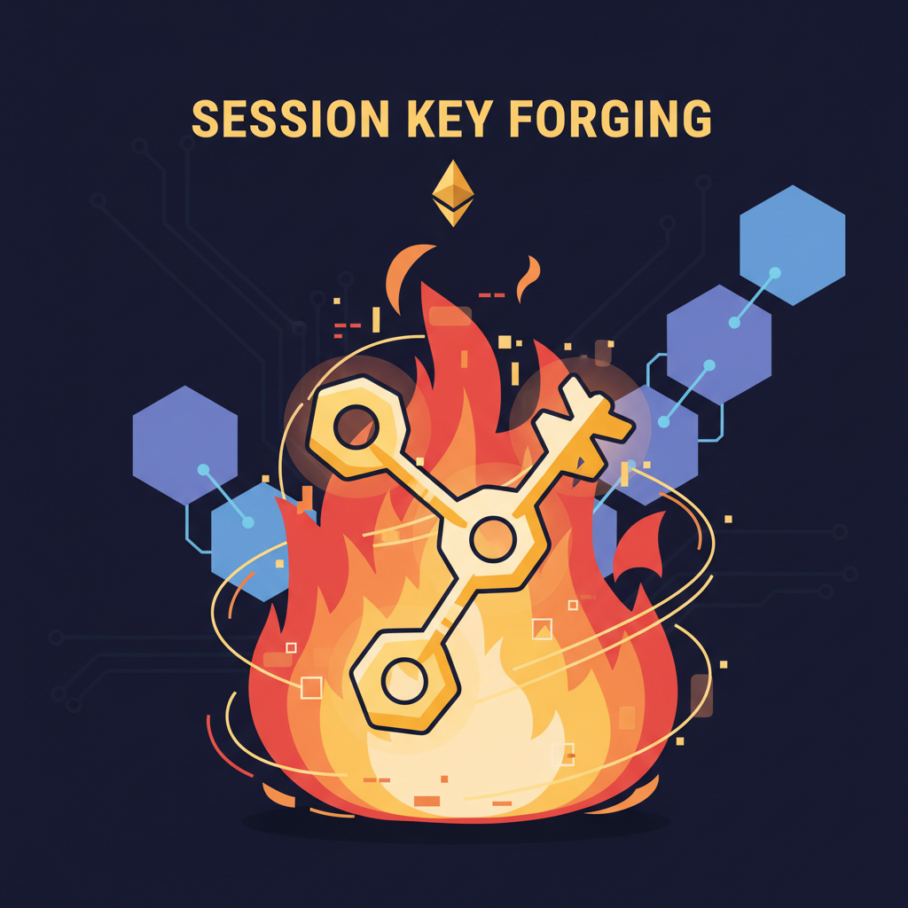 glowing golden session keys forging in digital fire, ethereum blockchain background