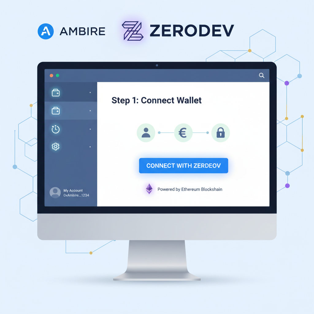 Modern Ambire Wallet interface on desktop with ZeroDev logo, Ethereum blockchain elements