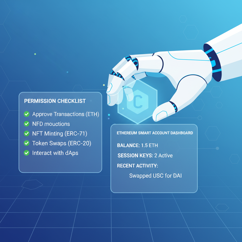 AI robot hand holding session key, permission checklist overlay, Ethereum smart account dashboard --ar 16:9