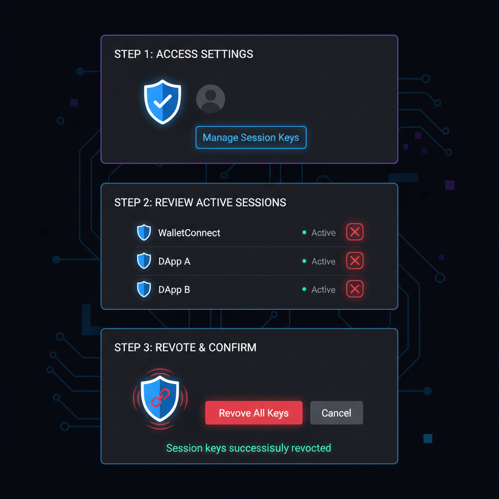 Revoking session keys in secure Ethereum interface, shield icons, dark mode cyber security vibe