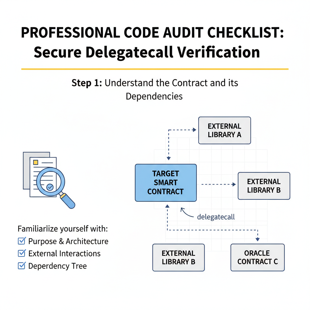 professional code audit checklist for Ethereum smart contract, secure delegatecall verification, technical diagram style