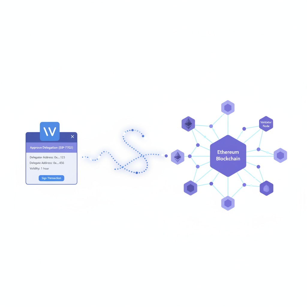 wallet signing EIP-7702 delegation tx, signature animation, ethereum network visualization